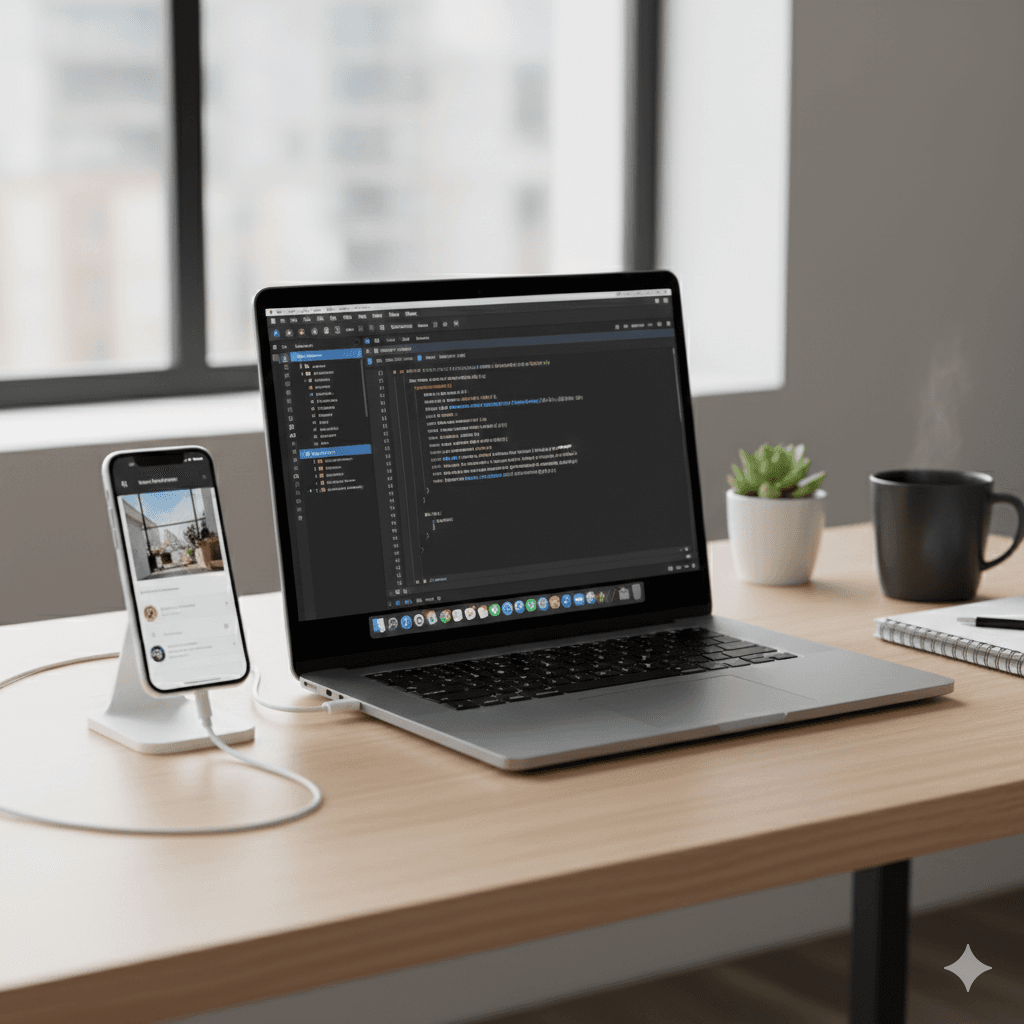 MacBook running Xcode with Swift code on screen