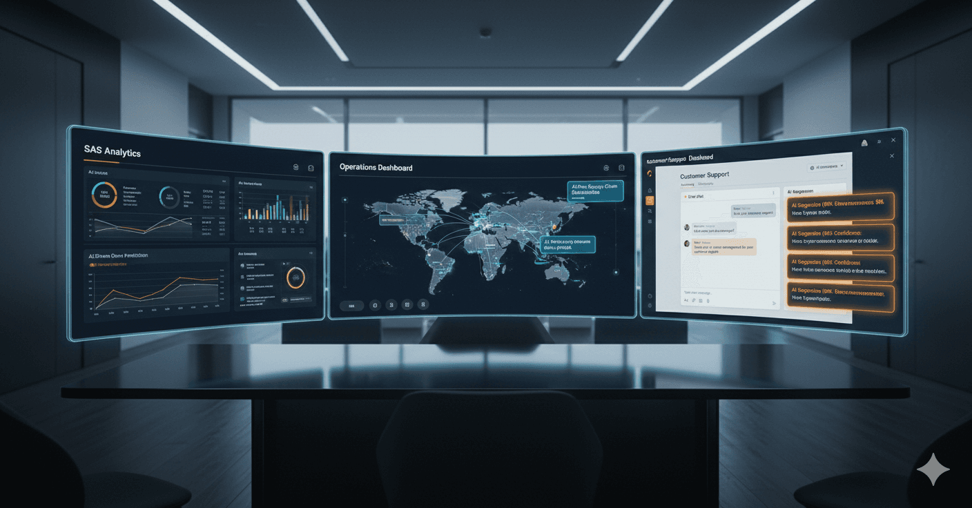 Photograph of various industry dashboards layered together