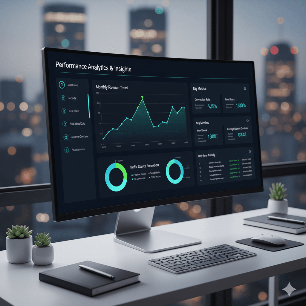 Dashboard with sidebar navigation, tables, and charts.