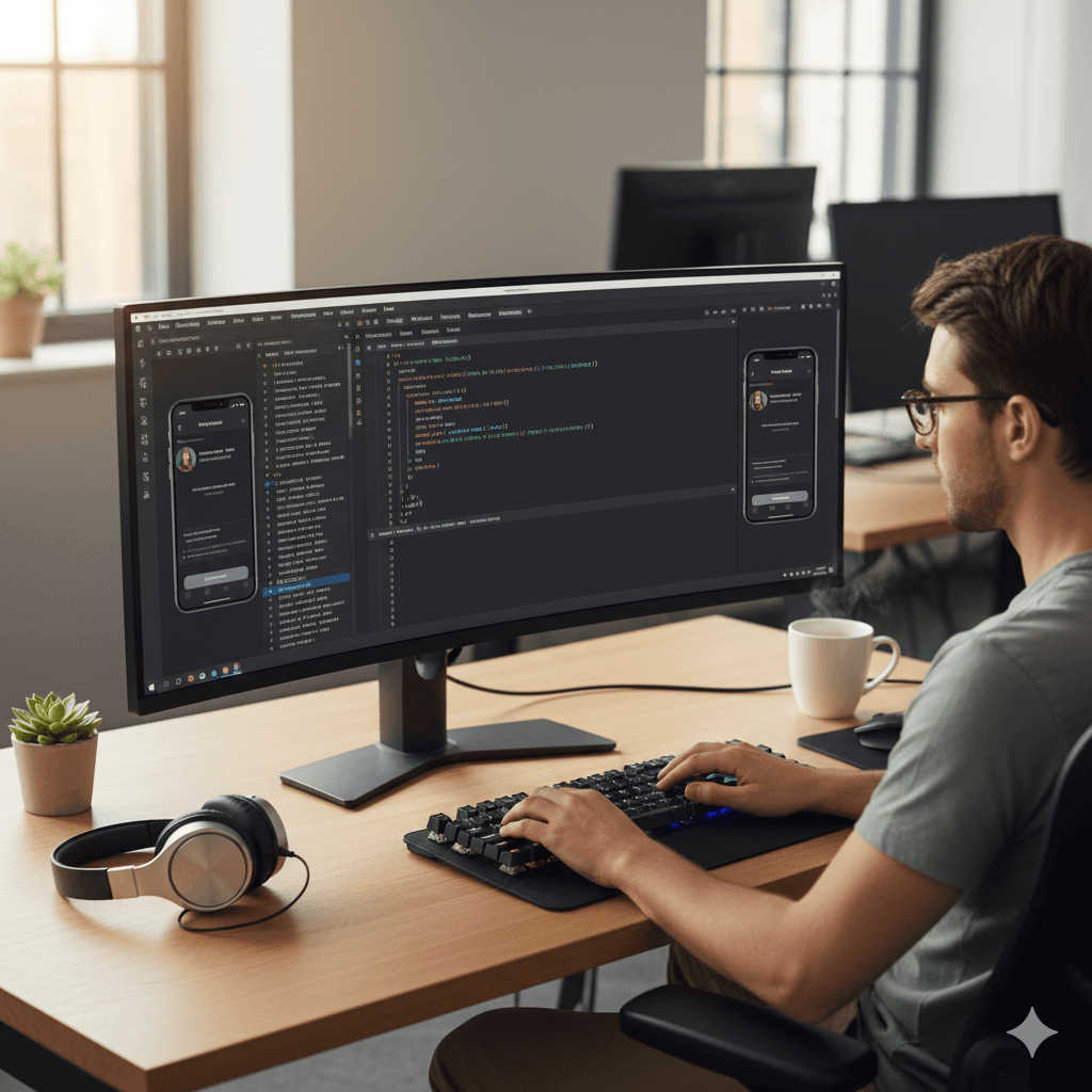 Developer writing cross-platform code on VS Code