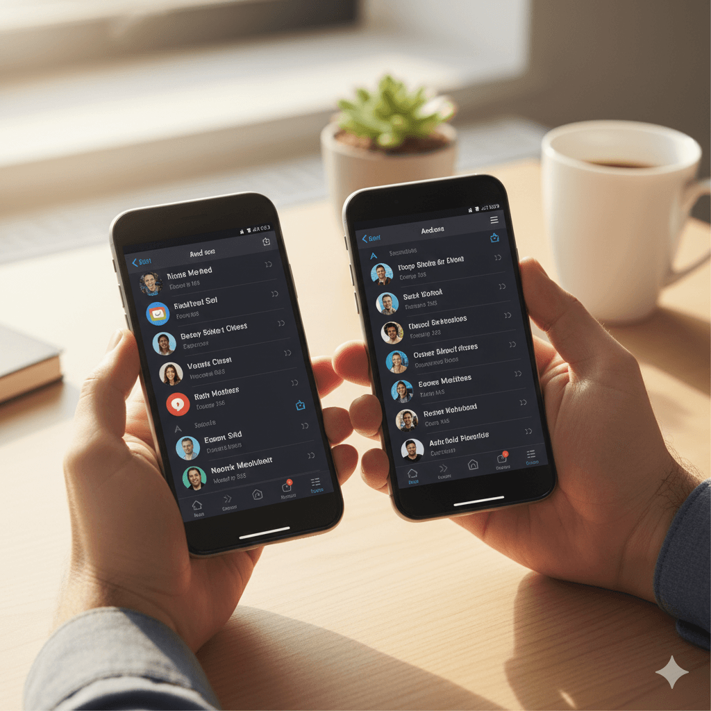 Developer holding an iPhone and Android phone running a sleek native app interface